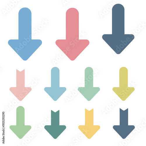 Collection of flat design downward arrow icons in various pastel colors, suitable for user interface elements, download buttons, or navigation indicators in web and app designs