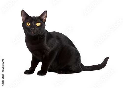 Sitting Black Cat with Yellow Eyes Isolated on Transparent Background