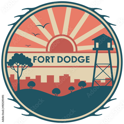 Fort Dodge Iowa Vintage Badge with Watchtower and Sunset