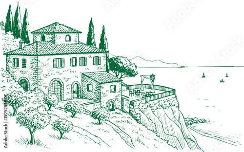 Hand Drawn Italian Coastal Villa Wedding Venue by the Sea Illustration – Mediterranean Cliffside House with Romantic Ocean View