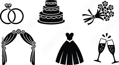 Black vector silhouette set of wedding icons featuring rings a tiered cake bouquet floral arch bridal dress and champagne glasses for marriage branding