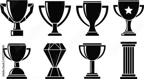 Black vector silhouette set of winner trophy cups prize awards a diamond trophy and an achievement column for sports competition success and recognition branding