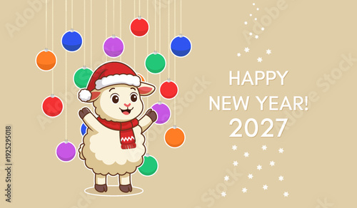 Vector holiday greeting card, flyer or banner. Happy New Year 2027. Cartoon cute fluffy beautiful soft cuddly little sheep. Golden glowing frame, snow and red background. Symbol of chinese horoscope