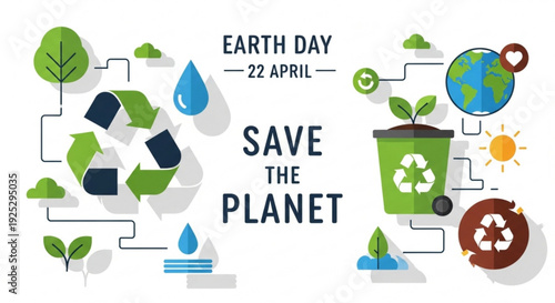 Earth day poster with save the planet text and eco friendly icons for recycling and environmental conservation on white background