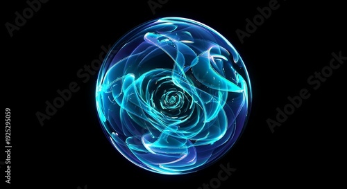Glowing blue swirling light design on dark background