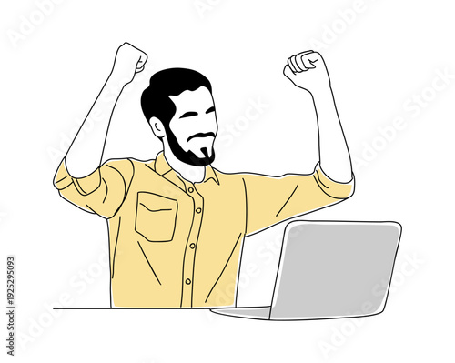 Minimal line art illustration of bearded man in yellow shirt celebrating at laptop, symbolizing success, achievement, and remote work victory.