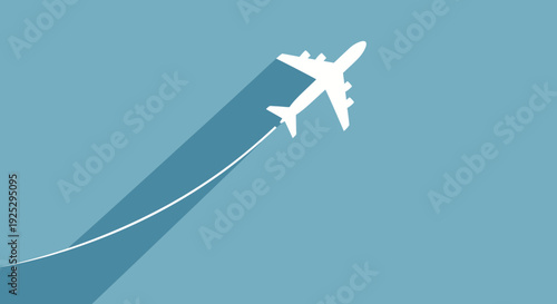 airplane flying, travel concept, sky background, long shadow