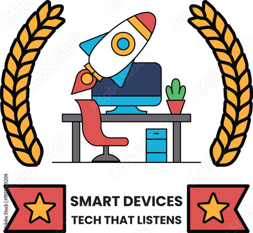 A rocket is on a desk with a computer monitor and a potted plant