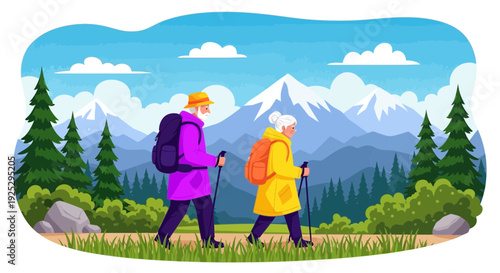 elderly couple hiking mountain landscape, outdoor adventure