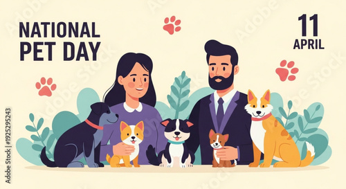 National pet day illustration of a happy couple with their dogs and cats on april 11th