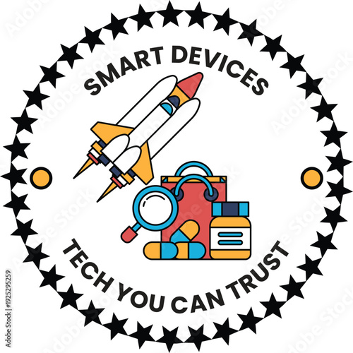 A smart device logo with a rocket and a magnifying glass