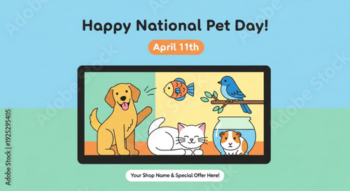 Colorful pets illustration for national pet day on tablet screen