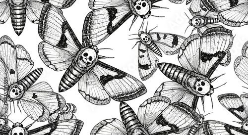 death's head moth illustration, black and white pattern