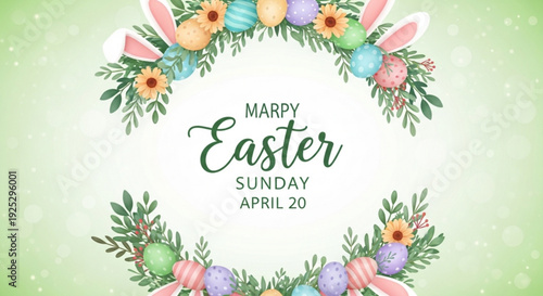 Easter sunday greeting card with floral wreath and colorful eggs on green background