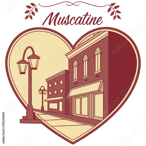 Muscatine Main Street Illustration with Classic Buildings and Lamp Posts