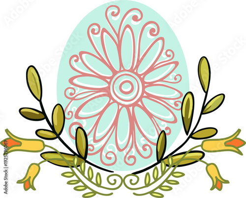 Happy Easter - a bright, cheerful composition in a modern style with folkloric elements (botanical ornament, lace). A flat digital illustration of Easter scenes.