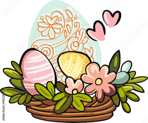 Happy Easter - a bright, cheerful composition in a modern style with folkloric elements (botanical ornament, lace). A flat digital illustration of Easter scenes.
