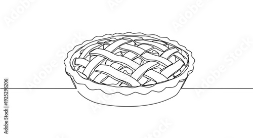 Line drawing of a pie on a transparent background with a lattice crust showcasing delicious filling and a round shape for culinary illustration purposes