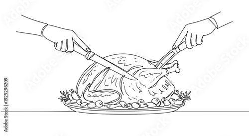 Line drawing of two hands carving a turkey on a platter decorated with herbs on a transparent background
