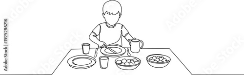 Line drawing of a boy eating at a table with dishes and drinks on a transparent background in a simple artistic style