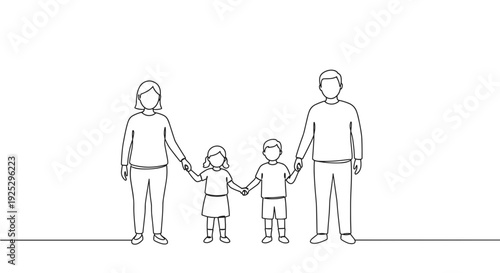Line drawing of family holding hands together with a mother, father, daughter, and son standing on a transparent background