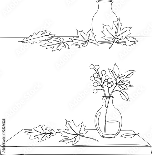 Line drawing of a vase with flowers and leaves on a table, isolated on a transparent background, simple and elegant design with minimalistic style.