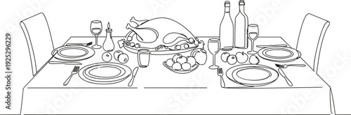 Line drawing of a dining table set with a turkey, wine bottles, glasses, and plates on a transparent background