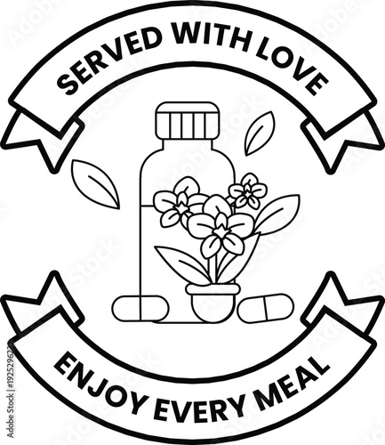 A black and white logo with a bottle of pills and a plant