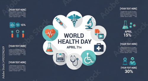 World health day infographic with medical icons and statistics on dark blue background