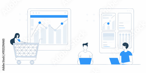 People interacting with data analytics and online shopping interfaces