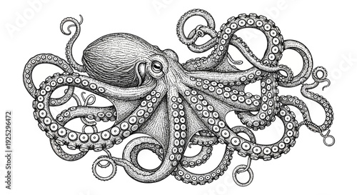 octopus illustration, detailed vintage engraving