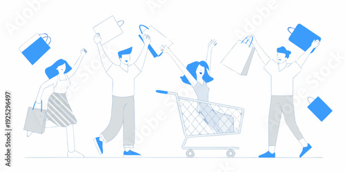 People joyfully celebrating purchases with shopping bags and a full cart