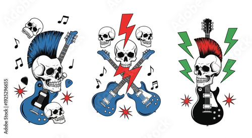 punk rock skull guitar illustration set, music design