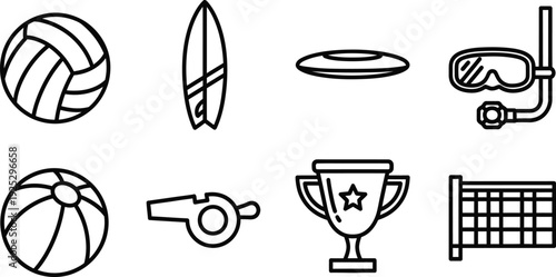 Icon bundle for summer sports and activities beach volleyball surfing snorkeling and more