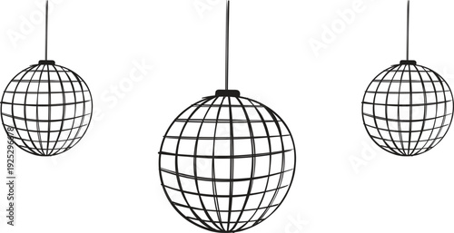 Unique Hand Drawn Disco Ball Illustration Set, Retro Party Mirror Ball Line Art Outline Vector