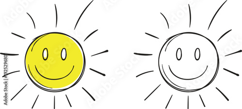 Unique clipart Smiling Sun Cartoon Illustration, Yellow Sun and Black Line Art Outline Vector Set