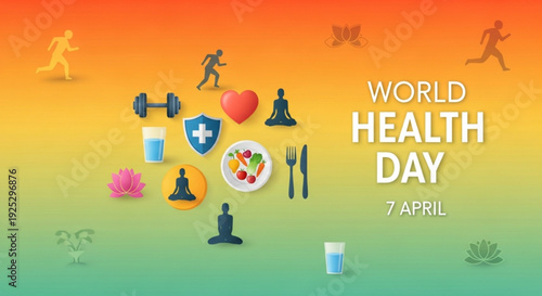 World health day poster with healthy lifestyle icons on colorful gradient background