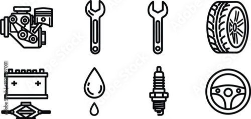 Icon bundle for car maintenance and repair engine tools tire battery oil spark plug steering wheel icons