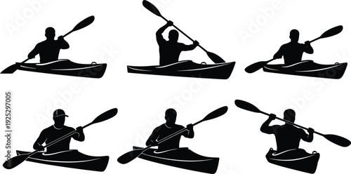 Kayaking silhouette set, man paddling canoe in different poses isolated on white background vector illustration collection