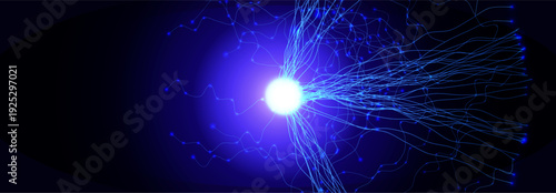 Neuron Firing Human Brain Neural Network Innovate Science Technology Background. Medical Neurology Bio Tech Scientific Research Banner Flash Glow Fractal. Blue AI Digital Net. Vector Illustration