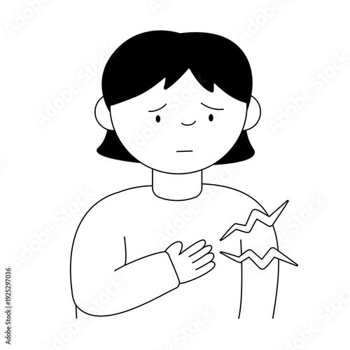 胸の痛みや息苦しさを訴える女性のモノクロイラスト | 医療・健康に関する線画素材
