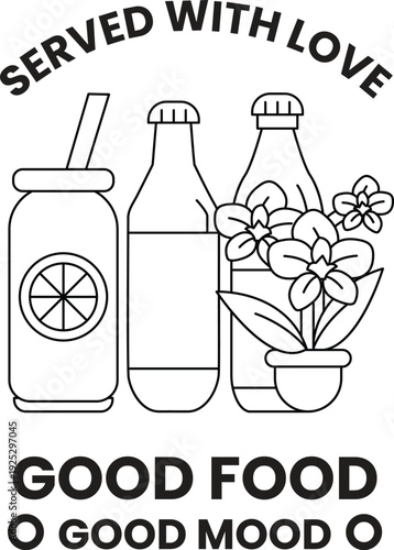 A black and white drawing of a drink, a bottle, and a plant