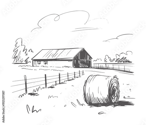 Black and white ink of a rural farm scene with barn and hay bale
