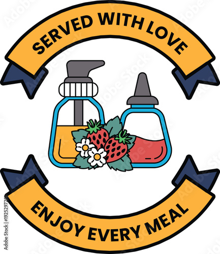 A banner with a bottle of strawberry syrup and a bottle of strawberry jam