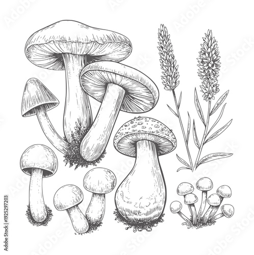Black and white ink of various mushrooms and plants