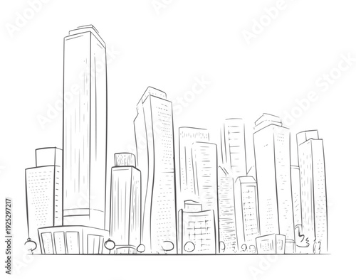 Black and white line of a city skyline with tall buildings