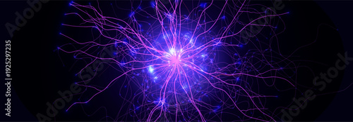 Neural Network Brain Neurone Synapse Connections Lightning Ball Energy Glow. Machine Learning Technology Background for AI Data Flow, BigData, Medical Science Research, Biotech. Vector illustration