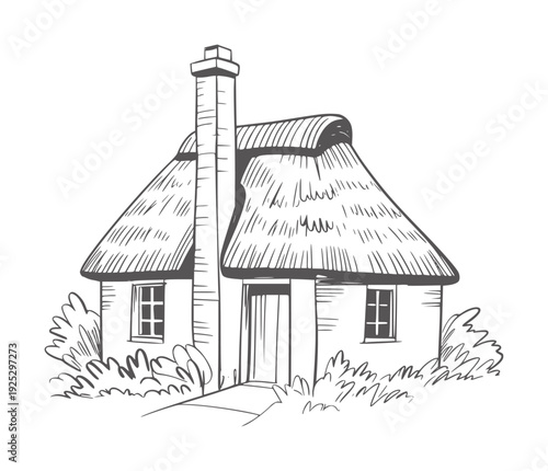 Black and white line of a thatched roof cottage with chimney and bushes