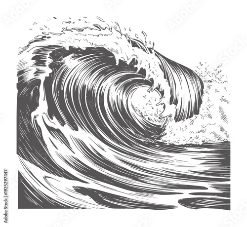 Black and white of a powerful ocean wave breaking water