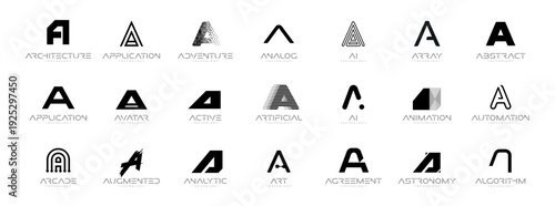 Letter A Logo Collection in Futuristic Tech Style, Modern Geometric Minimalist Creative Branding for Business Identity Design. Monogram Set for Startups, Businesses, Companies. Vector Illustration